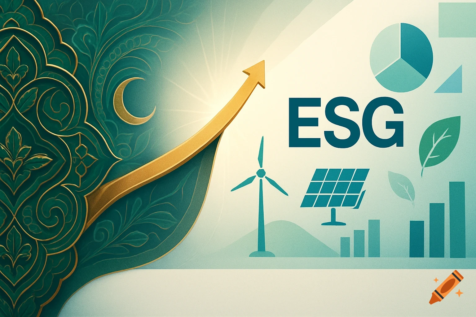 Abstract art with green Islamic patterns, a golden rising arrow, and ESG graphics: text 'ESG', wind turbine, solar panel, and charts.