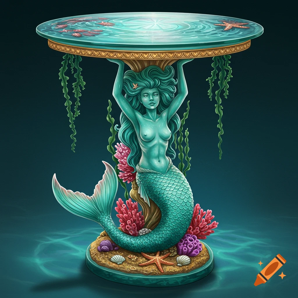 A decorative statue featuring a teal mermaid with flowing hair and tail holding up a round table top with a rippling water surface, adorned with starfish and coral. Shells dot the sandy base.