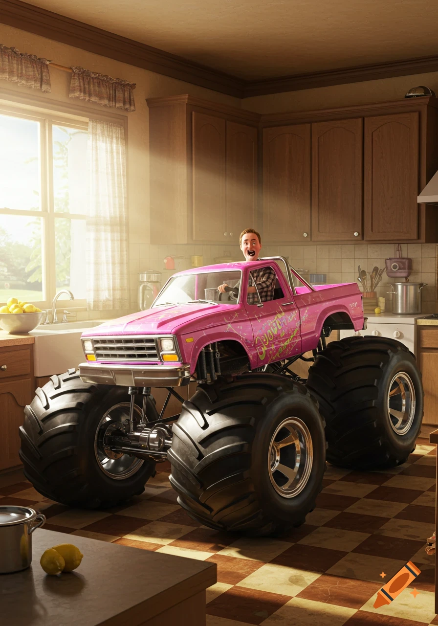 A man with an exaggerated expression drives a pink monster truck inside a sunlit kitchen, a humorous and surreal image.