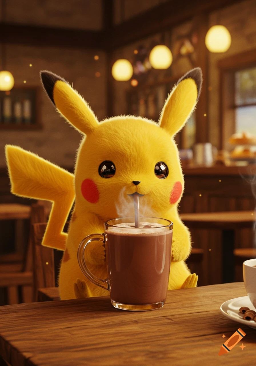 Photorealistic Pikachu sitting at a wooden table in a cozy cafe, happily drinking hot chocolate from a clear mug with a straw.