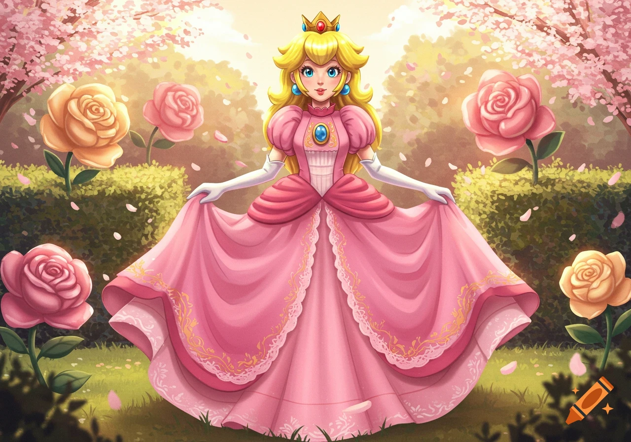 Princess Peach in a pink dress stands in a vibrant garden with large roses and cherry blossoms in a cartoon style.