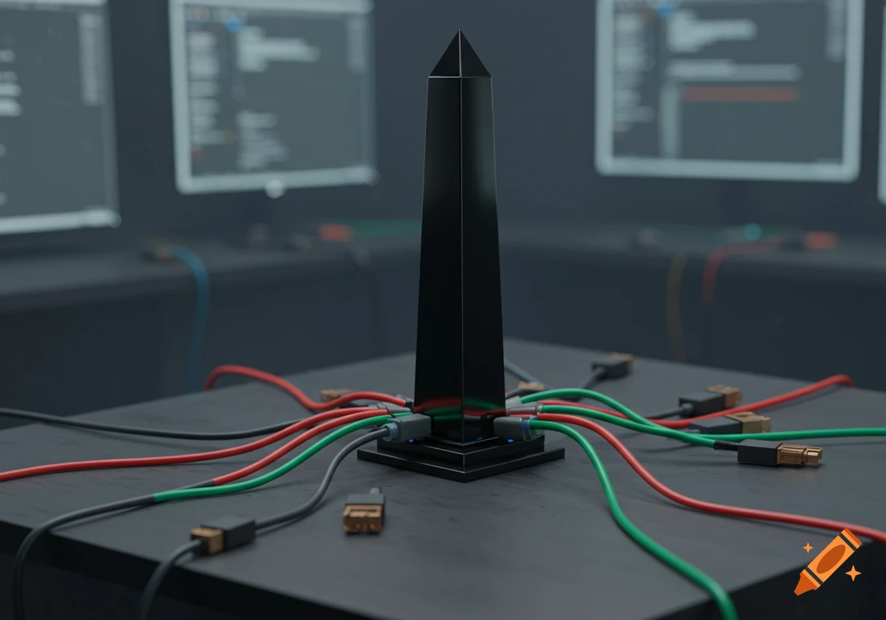 A black obelisk with red, green, and black computer cables plugged into its base, surrounded by blurred computer monitors.