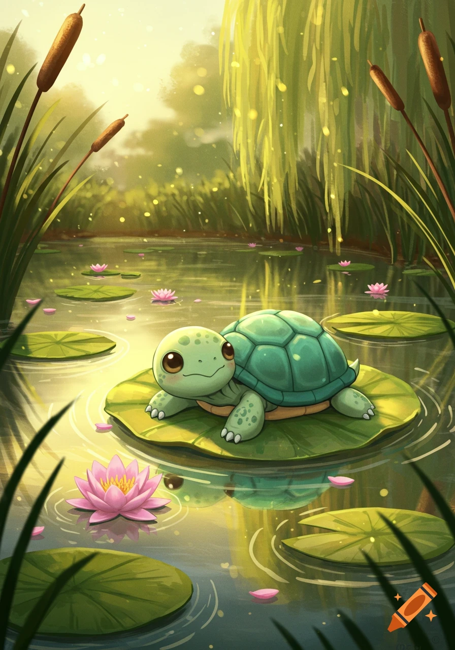 A cute, green chibi turtle rests on a lily pad in a pond with pink water lilies and tall cattails, in a sunny cartoon style.