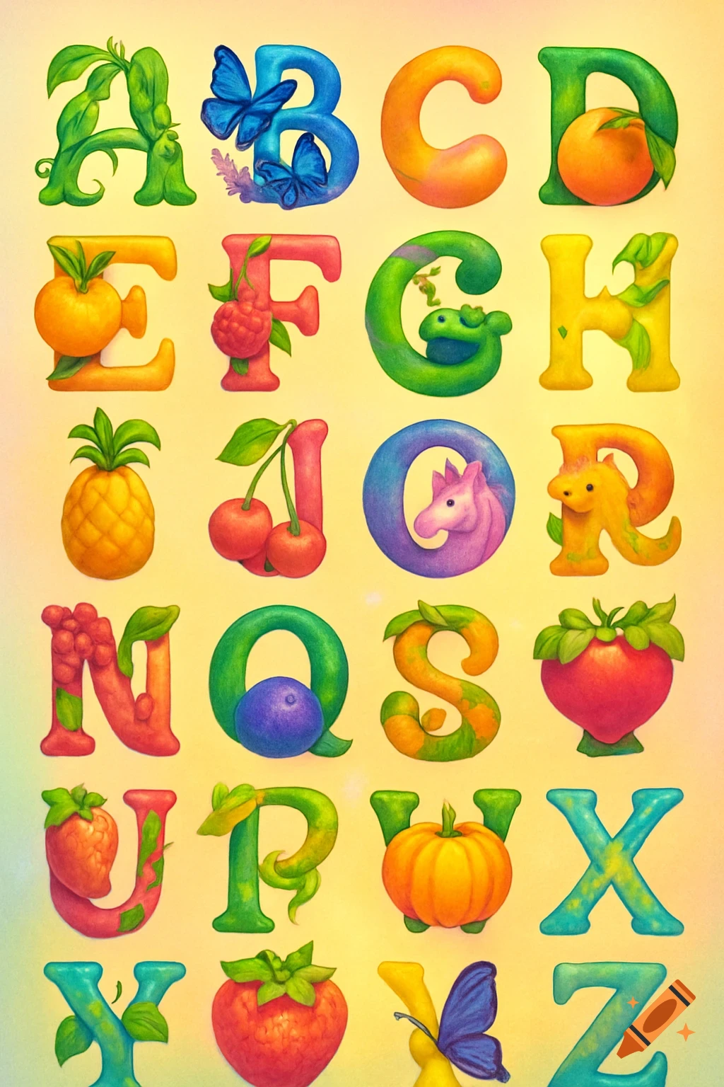 A vibrant, colorful alphabet poster with each letter creatively formed from fruits, plants, and small animals in an illustrative style.