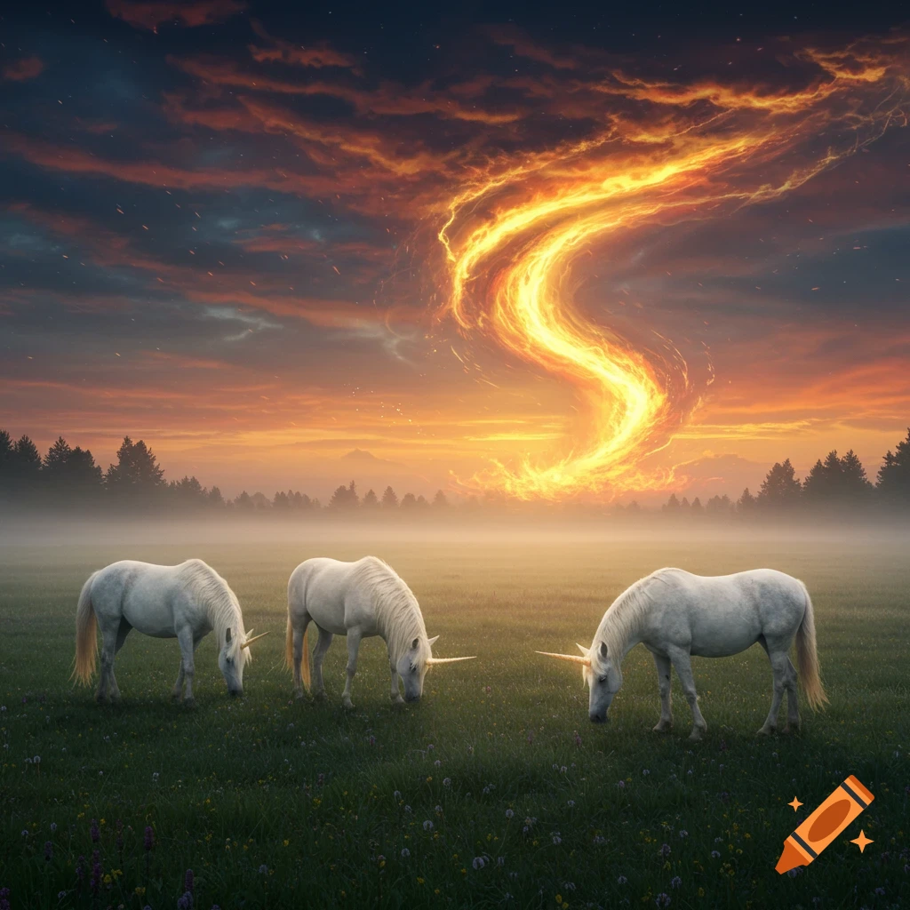 Three white unicorns graze in a misty green field under a dramatic sunset sky with a glowing S-shaped fire tornado.