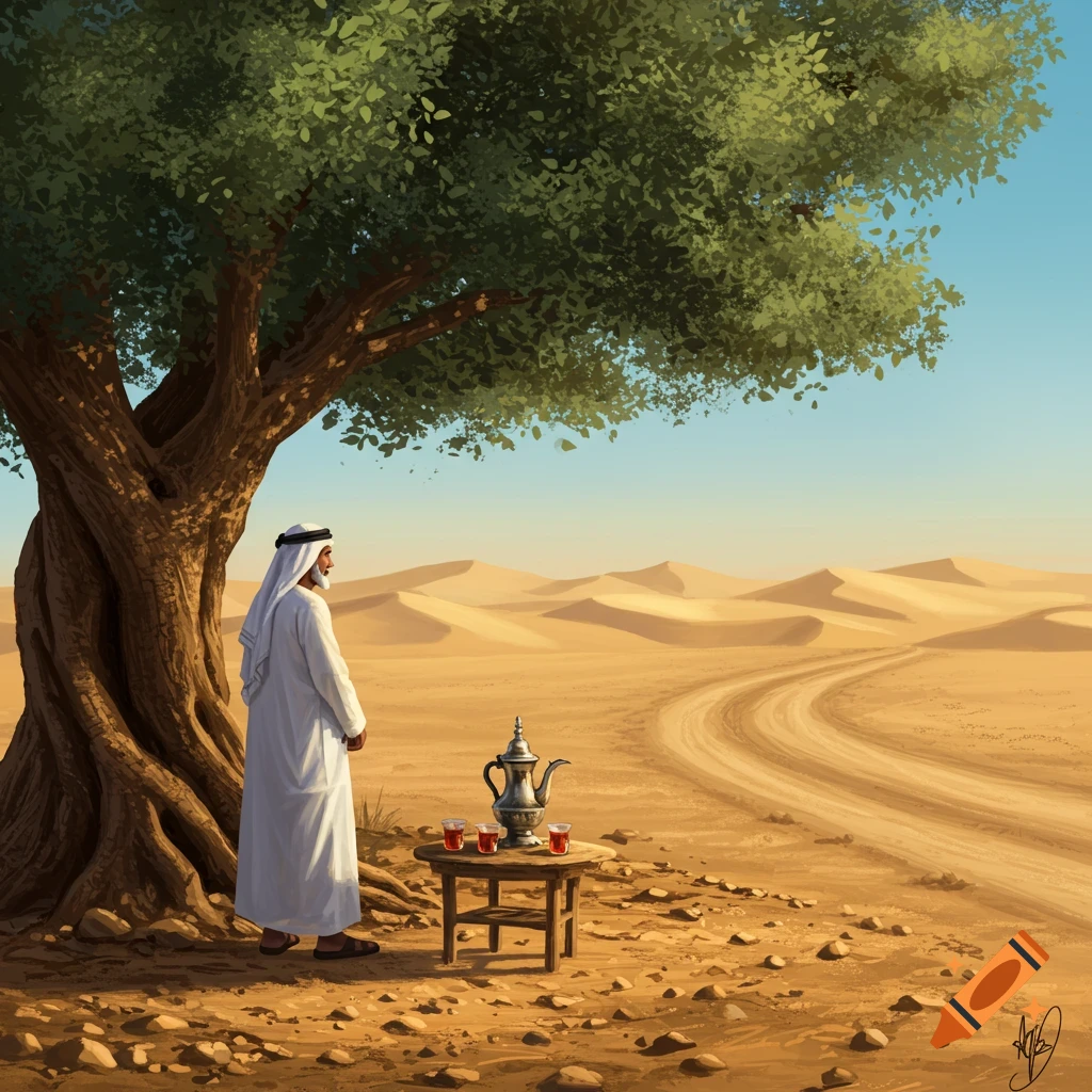 A man in traditional white attire stands under a large tree in a desert, with a tea pot and cups on a small table.