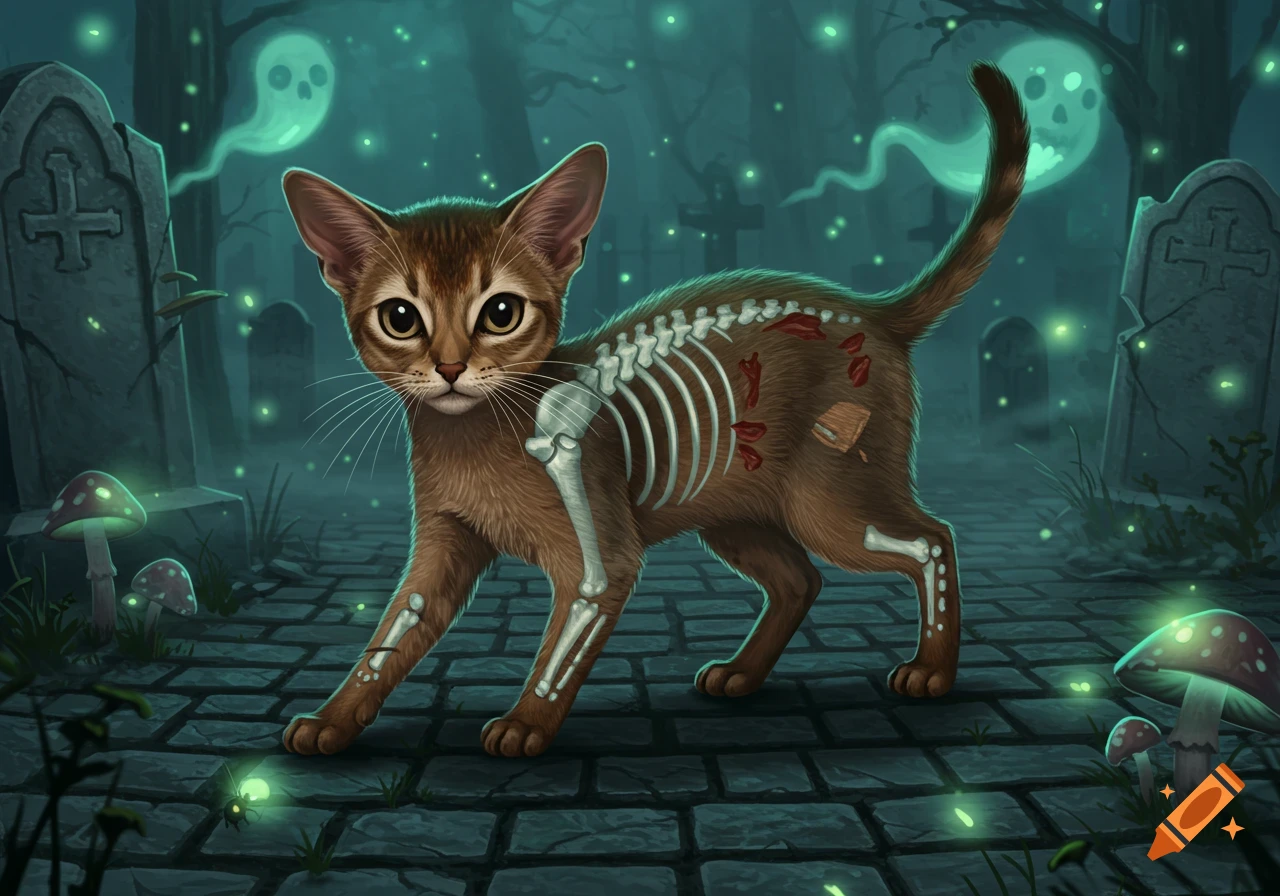A stylized cute zombie Abyssinian cat with exposed bones and flesh walks through a misty, glowing graveyard with gravestones and floating ghosts.