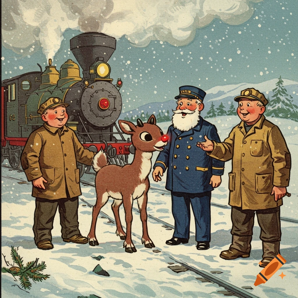 Vintage illustration of Rudolph the Red-Nosed Reindeer with a train conductor and engineer in a snowy landscape with a steam train.