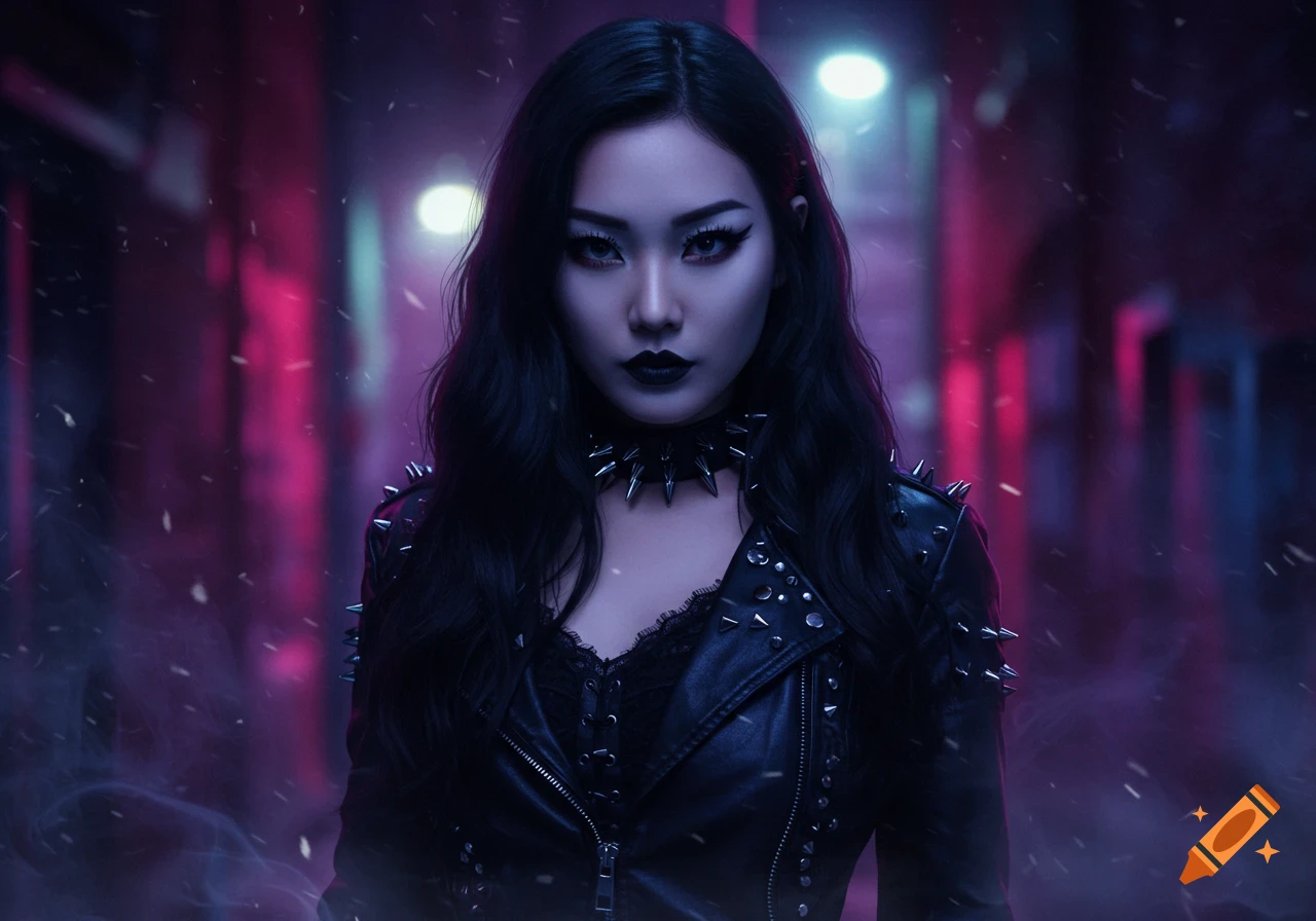 A goth Asian woman in a spiked leather jacket and choker stands in a neon-lit city at night.