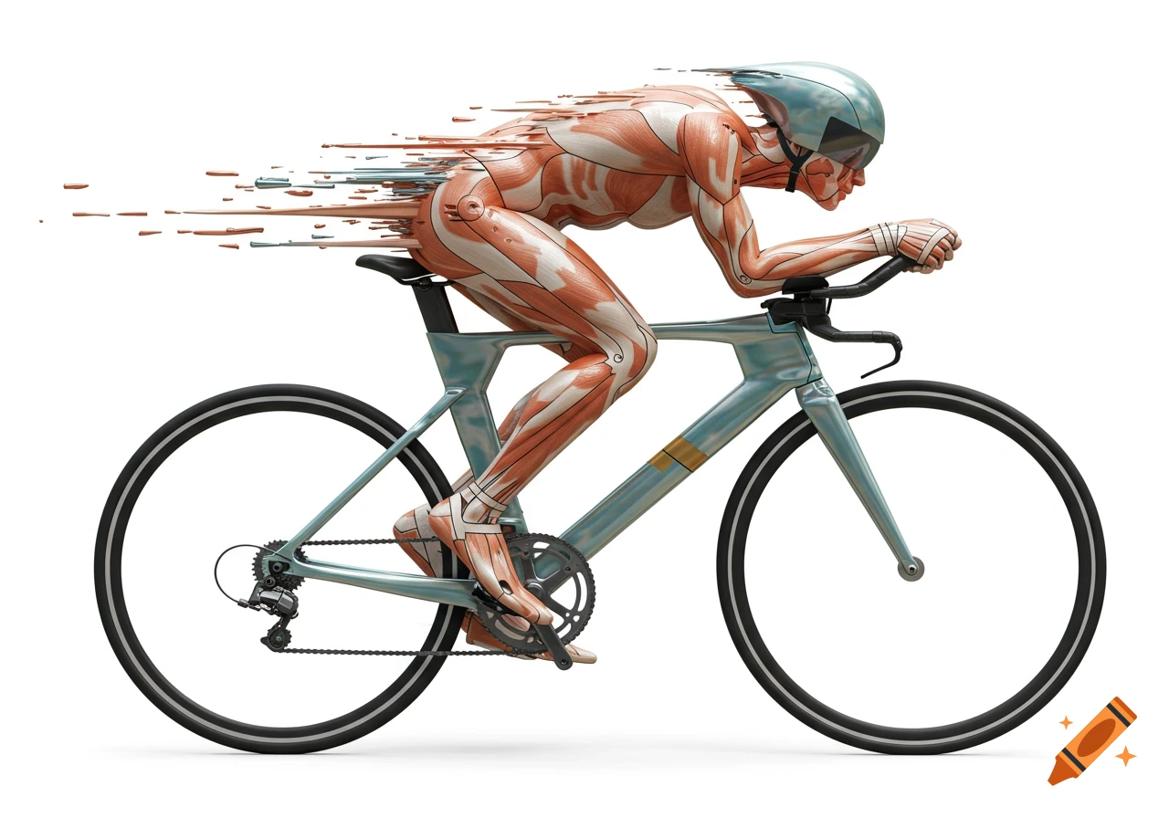 A surreal 3D rendering of a speed cyclist with visible muscles and bones, wearing a helmet on a time-trial bike, trailing speed streaks on a white background.
