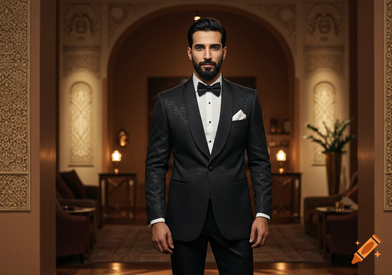 A photorealistic image of a bearded Middle-Eastern man in a black patterned tuxedo standing in an ornate luxury interior.
