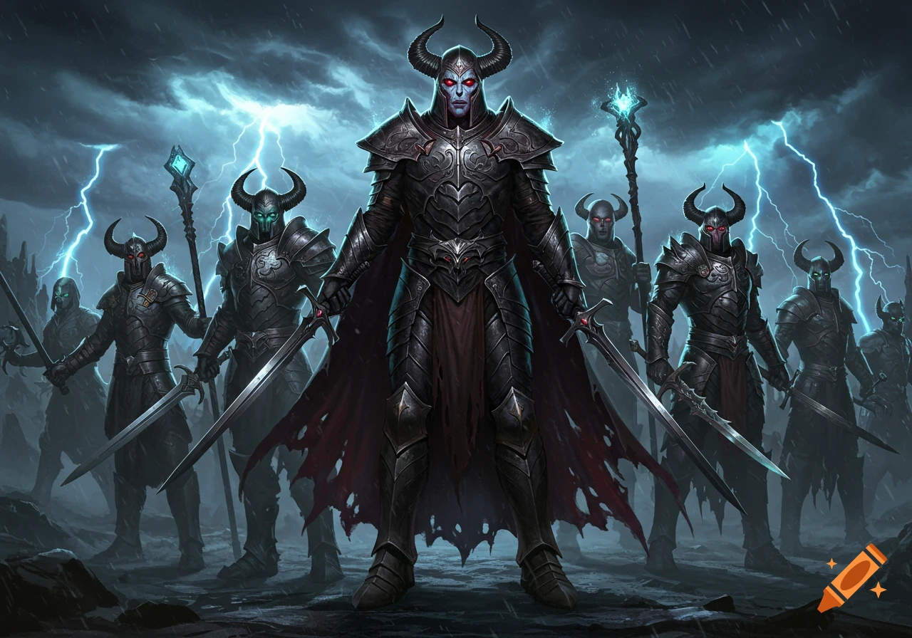 A group of dark fantasy warriors in ornate black armor with horned helmets and glowing eyes stand under a stormy, lightning-filled sky.