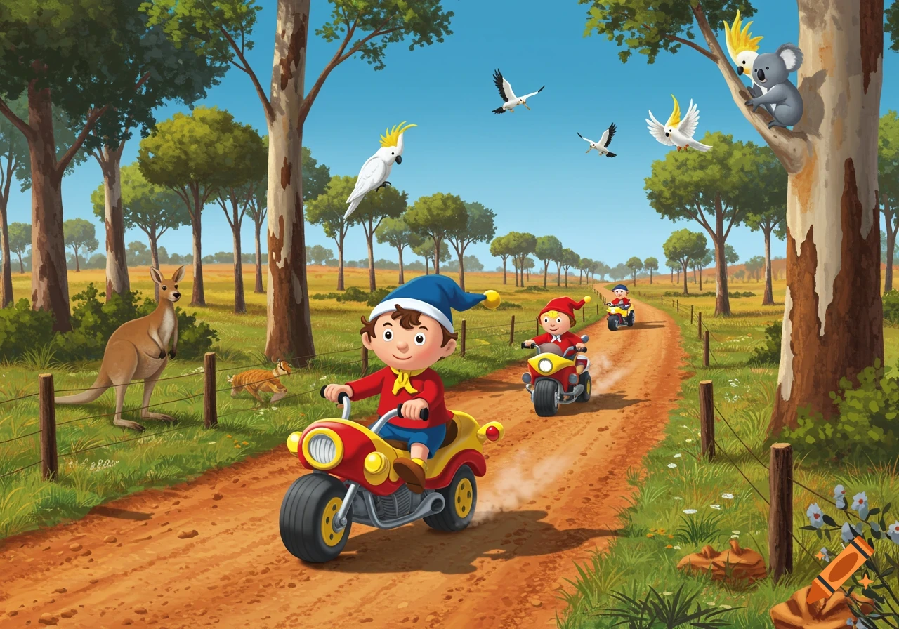 Cartoon characters in Noddy style ride motorcycles on a dirt road in Australian bush, observed by a kangaroo, koala, and birds.