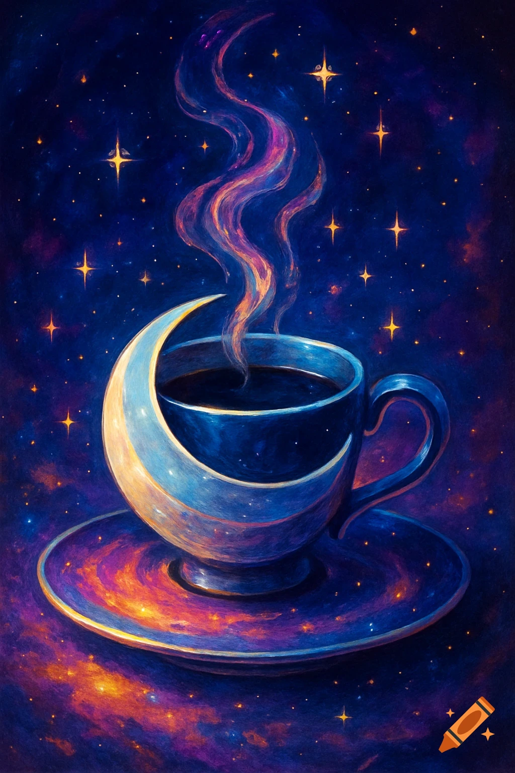 Stylized painting of a coffee cup shaped like a crescent moon, steaming with cosmic energy, set against a starry galaxy background.