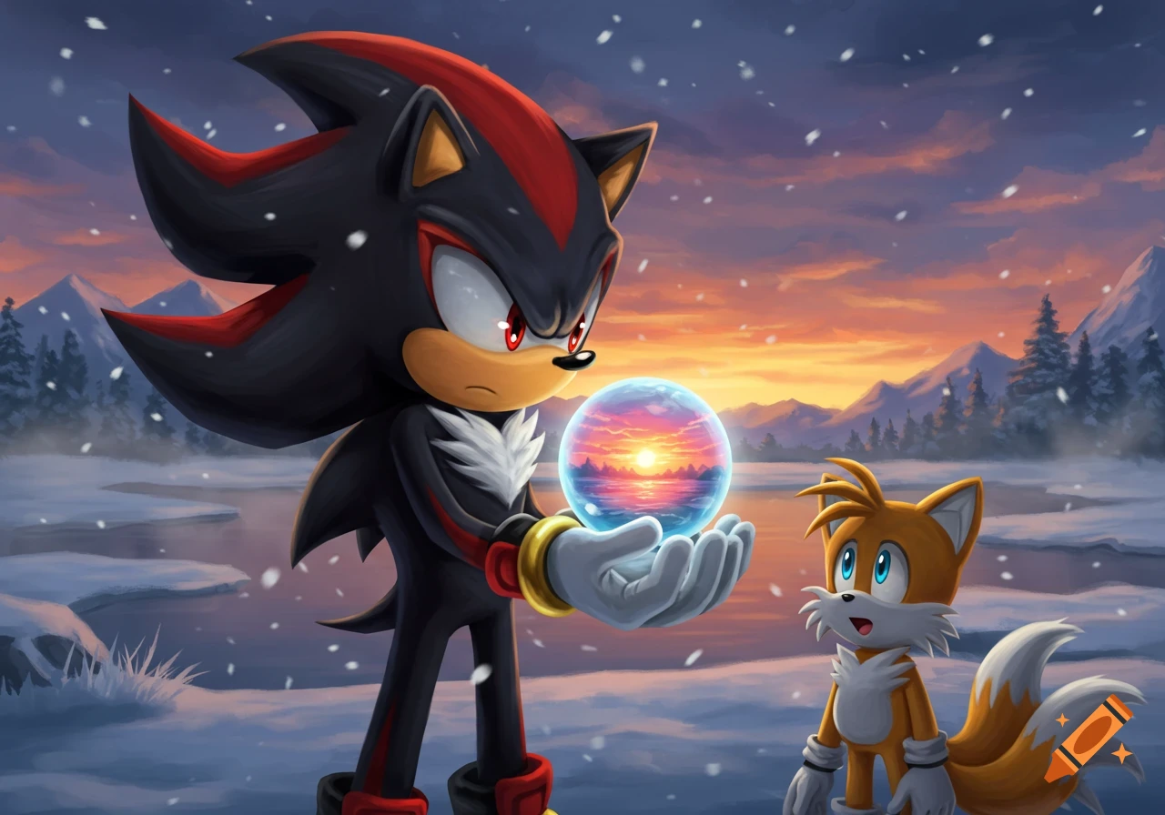 Shadow the Hedgehog holds a glowing orb reflecting a sunset, while Tails looks on in a snowy mountain landscape at dusk.