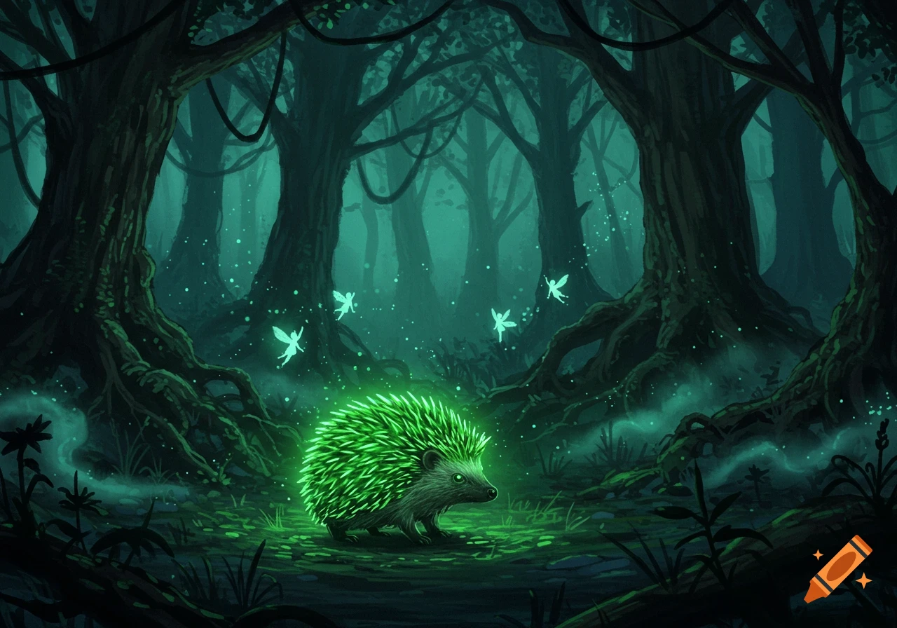 A glowing green hedgehog in a dark, enchanted forest with small, luminous fairies, digital art.
