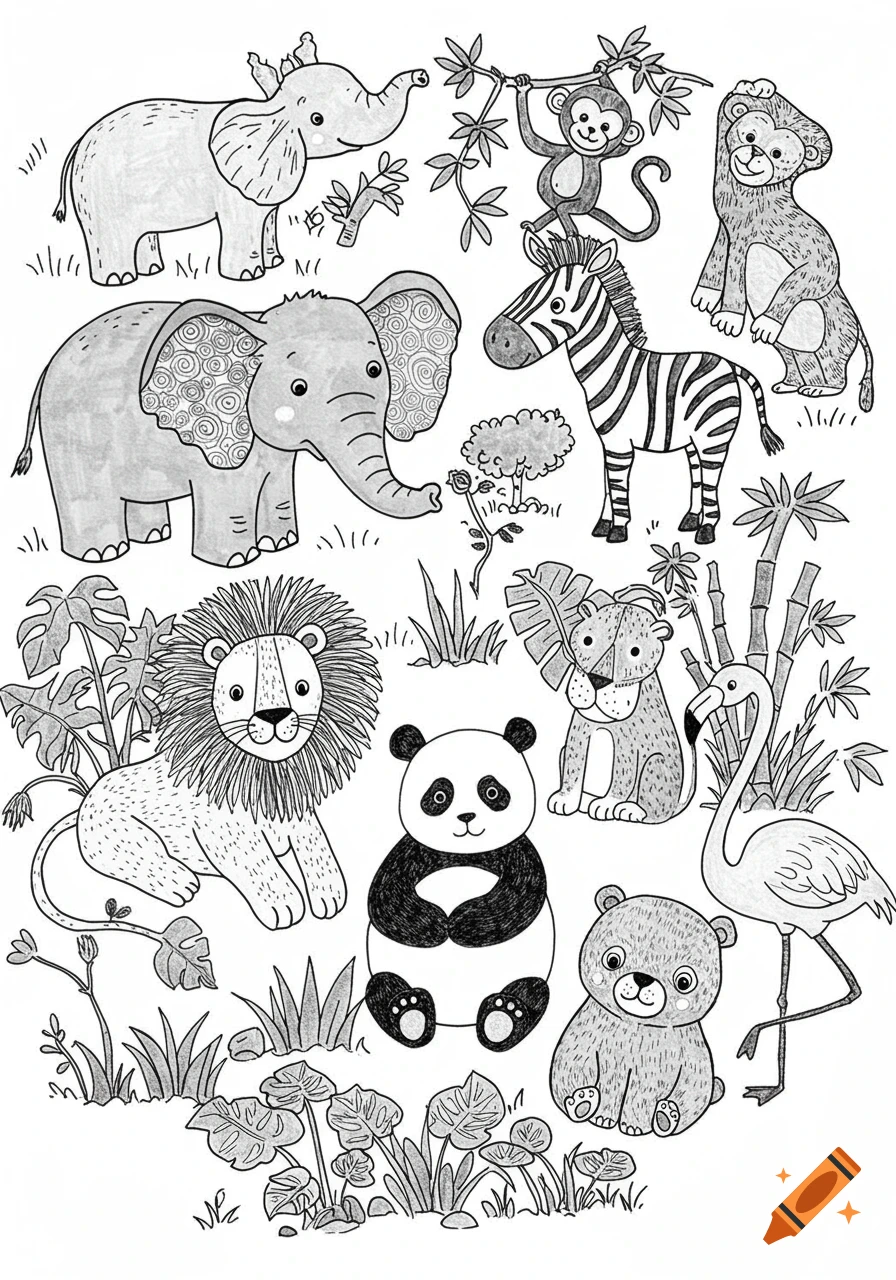 Black and white children's illustration of various zoo animals including elephants, monkeys, lions, a zebra, a panda, a bear, and a flamingo, surrounded by plants.