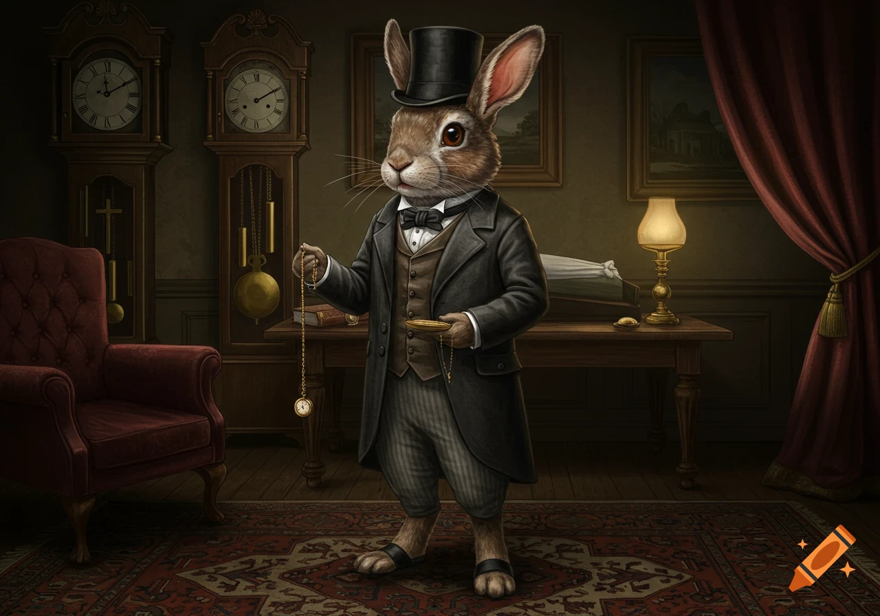 A distinguished rabbit in a top hat and Victorian suit holds a pocket watch in an ornate room with grandfather clocks.