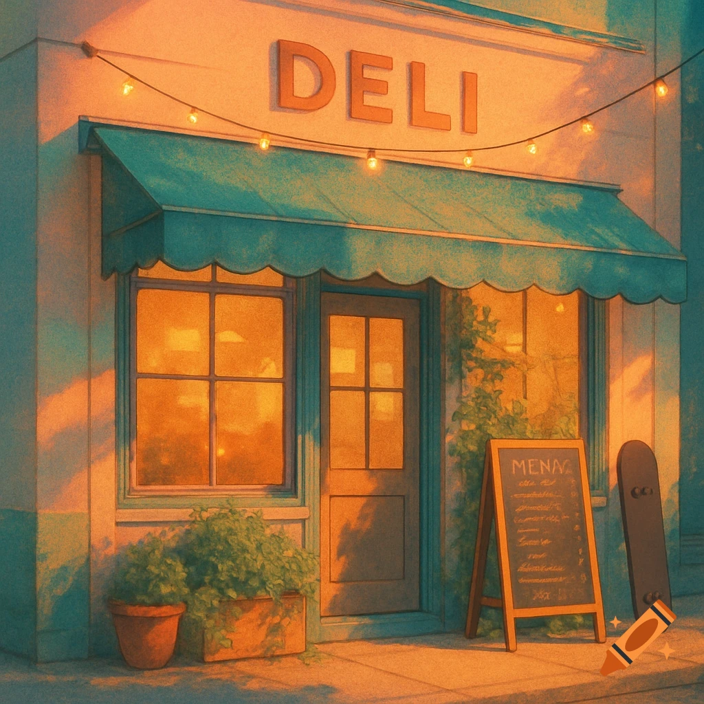 Lofi-inspired deli storefront with a teal awning and string lights, glowing in golden hour. A chalkboard menu and a skateboard are outside.