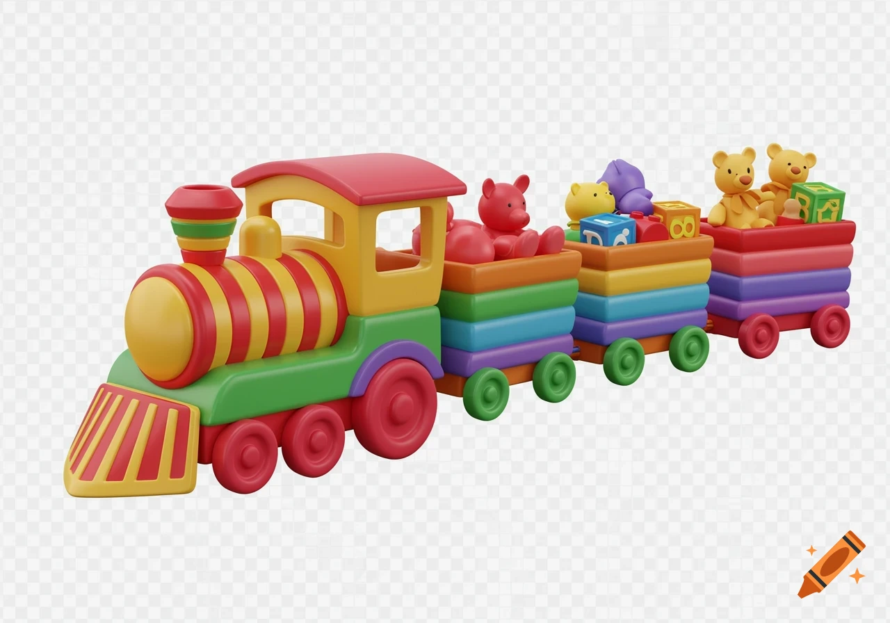 A colorful 3D toy train with a red and yellow locomotive and wagons filled with stuffed animals and blocks, on a transparent background.