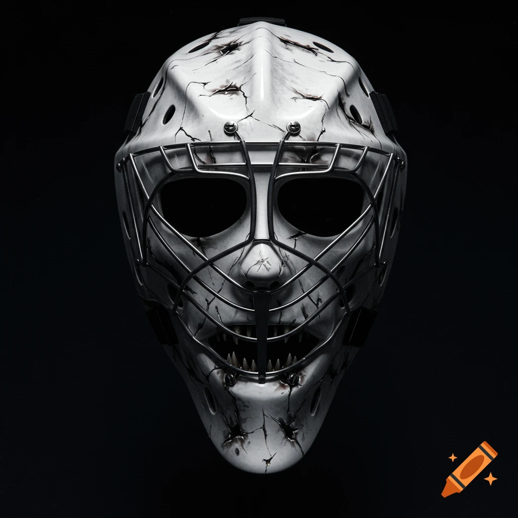 A close-up front view of a scary white hockey goalie mask with dark cracks and a metal cage, featuring an open mouth with sharp teeth, on a black background.