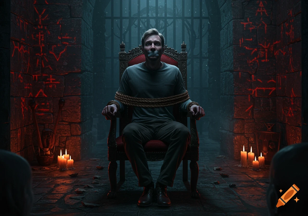 A man is tied to a red throne with a gag on his mouth, in a dark, stone room with glowing red symbols on the walls and lit candles.