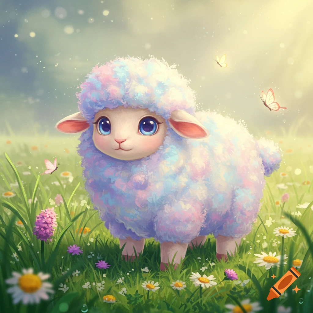 A fluffy, pastel rainbow-colored kawaii sheep with big blue eyes stands in a vibrant green field with colorful flowers and butterflies.