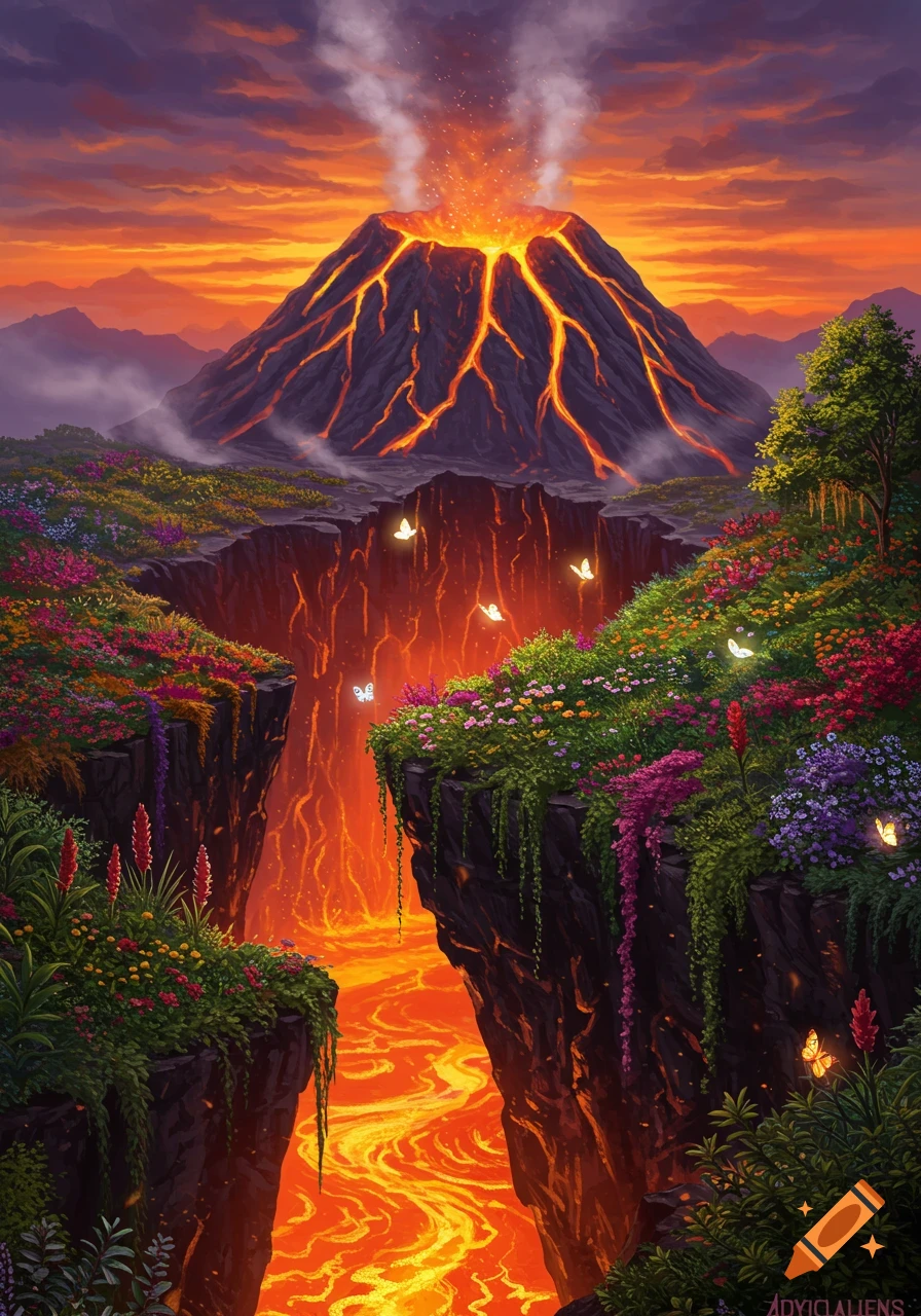 Vibrant fantasy landscape with an erupting volcano, glowing lava river flowing between lush cliffs adorned with colorful flowers and butterflies.