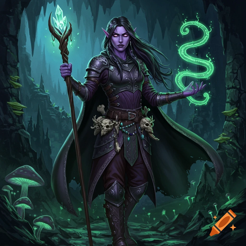 A fantasy illustration of a violet-skinned drow warlock with a glowing staff and green magic, standing in a mushroom-filled cavern.