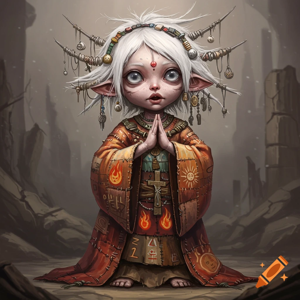 A small, eerie, doll-like creature with large eyes and white hair adorned with trinkets, wearing a patched robe with fire and sun symbols, stands with hands clasped in a desolate, ruined landscape.