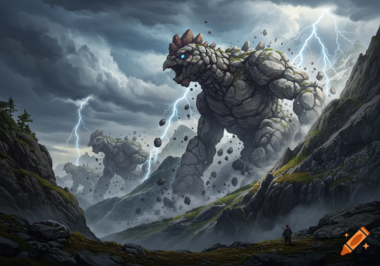 Massive, chicken-like rock monsters with glowing eyes descend a stormy mountain valley under lightning-filled skies, scattering debris.