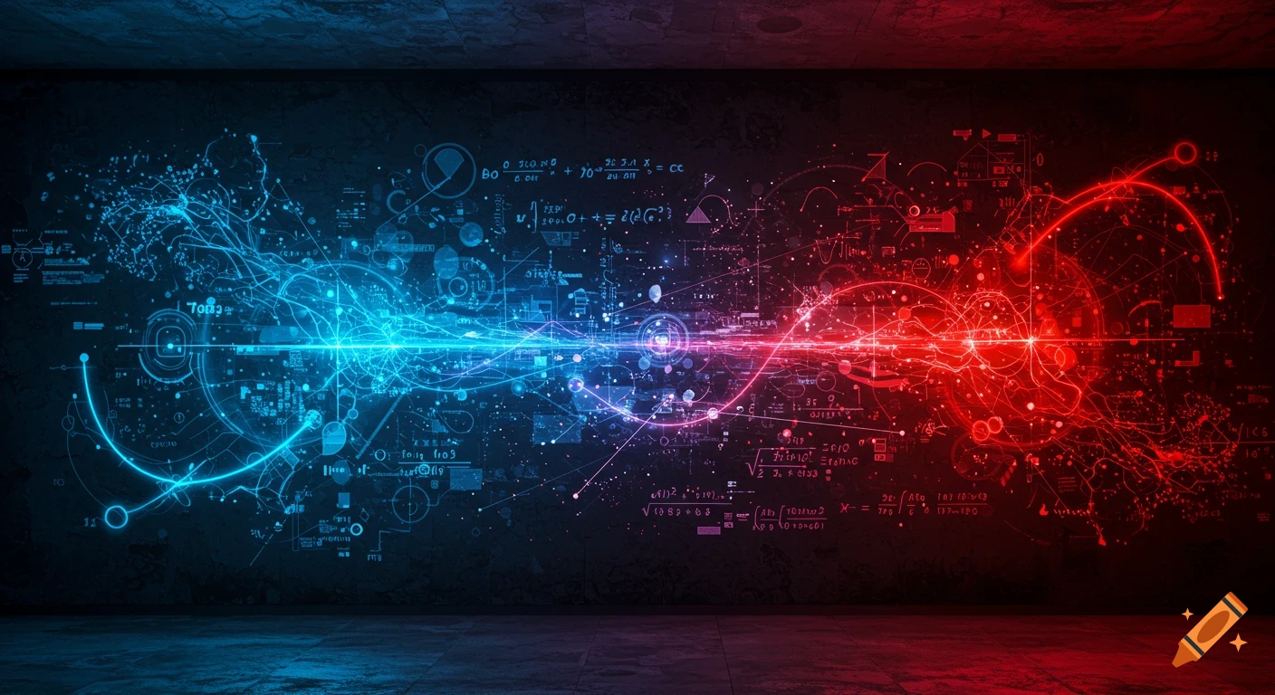 A vibrant, futuristic mural with glowing blue and red lines, abstract shapes, and garbled text symbolizing math and AI on a dark wall.