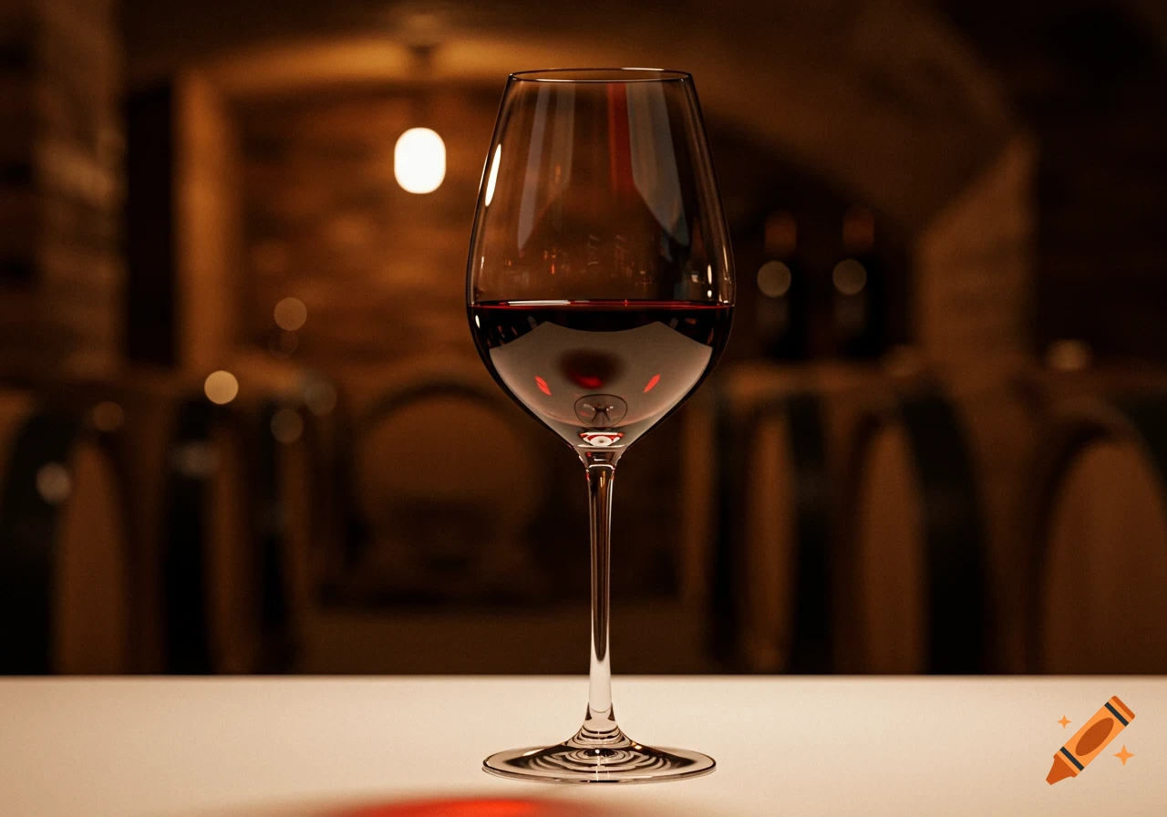 A photorealistic image of a wine glass filled with red wine, standing on a white surface with a dimly lit wine cellar and barrels in the background.