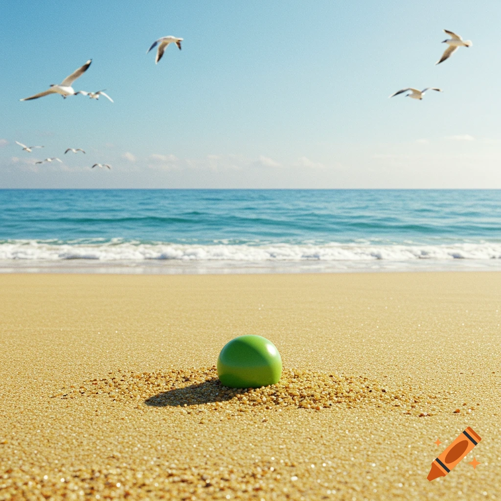 A vibrant green sphere sits partially buried in the sand on a sunlit beach with seagulls flying over the ocean.