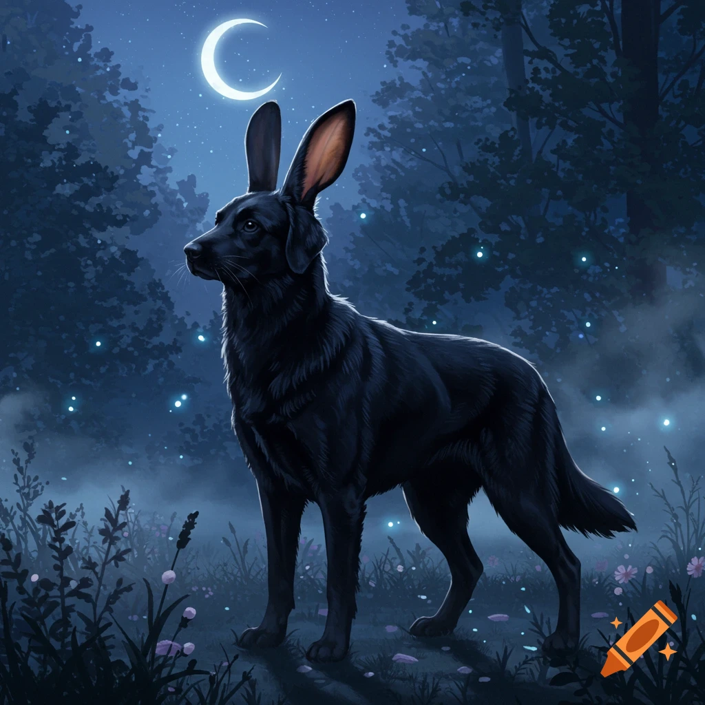 A black dog with long rabbit ears stands in a mystical dark forest under a crescent moon, with glowing fireflies.