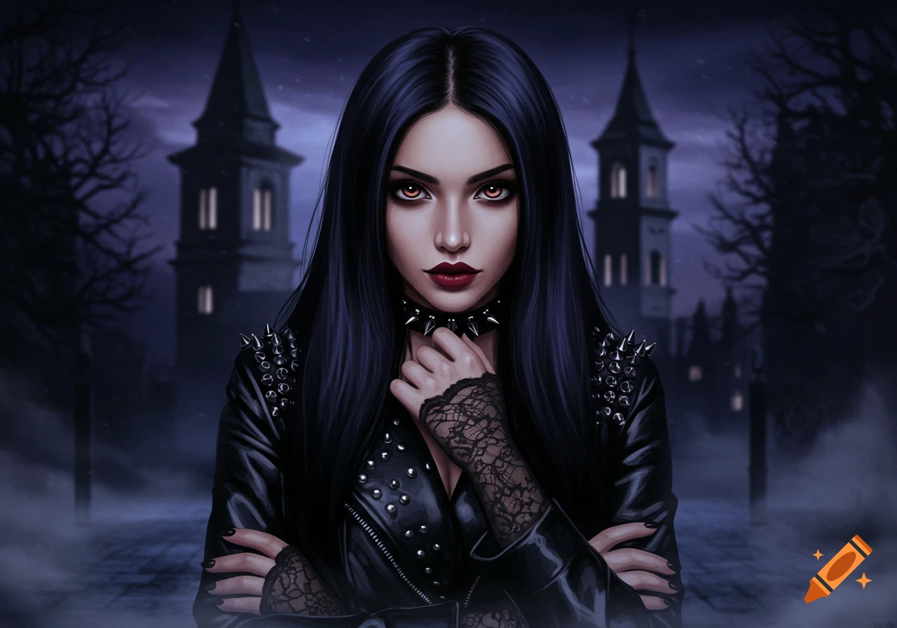 A gothic woman with long black hair, red eyes, dark makeup, and a studded leather jacket, stands in a moody, dark setting with distant spires.