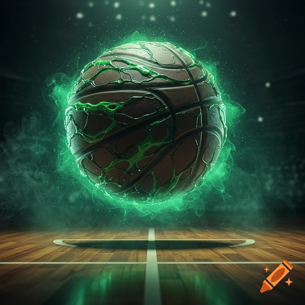 A basketball covered in glowing green slime and mist, hovering over a polished wooden basketball court.