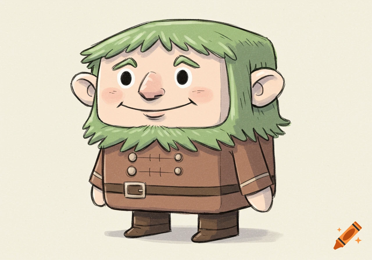 A simple doodle illustration of a smiling, cube-shaped Oompa Loompa with green hair and a brown uniform.