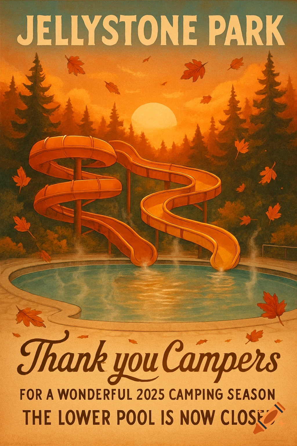 A vintage-style poster for Jellystone Park, showing water slides emptying into a pool surrounded by pine trees and falling autumn leaves. Text reads: "Jellystone Park" and "Thank you Campers FOR A WONDERFUL 2025 CAMPING SEASON THE LOWER POOL IS NOW CLOSED"
