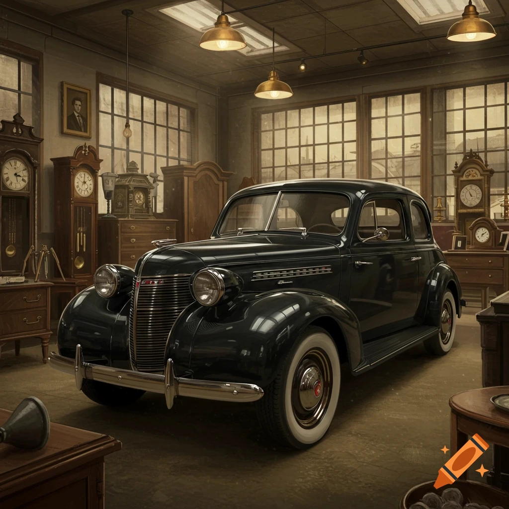 A dark 1930s classic car with white-walled tires parked inside a cluttered antique store with large windows.