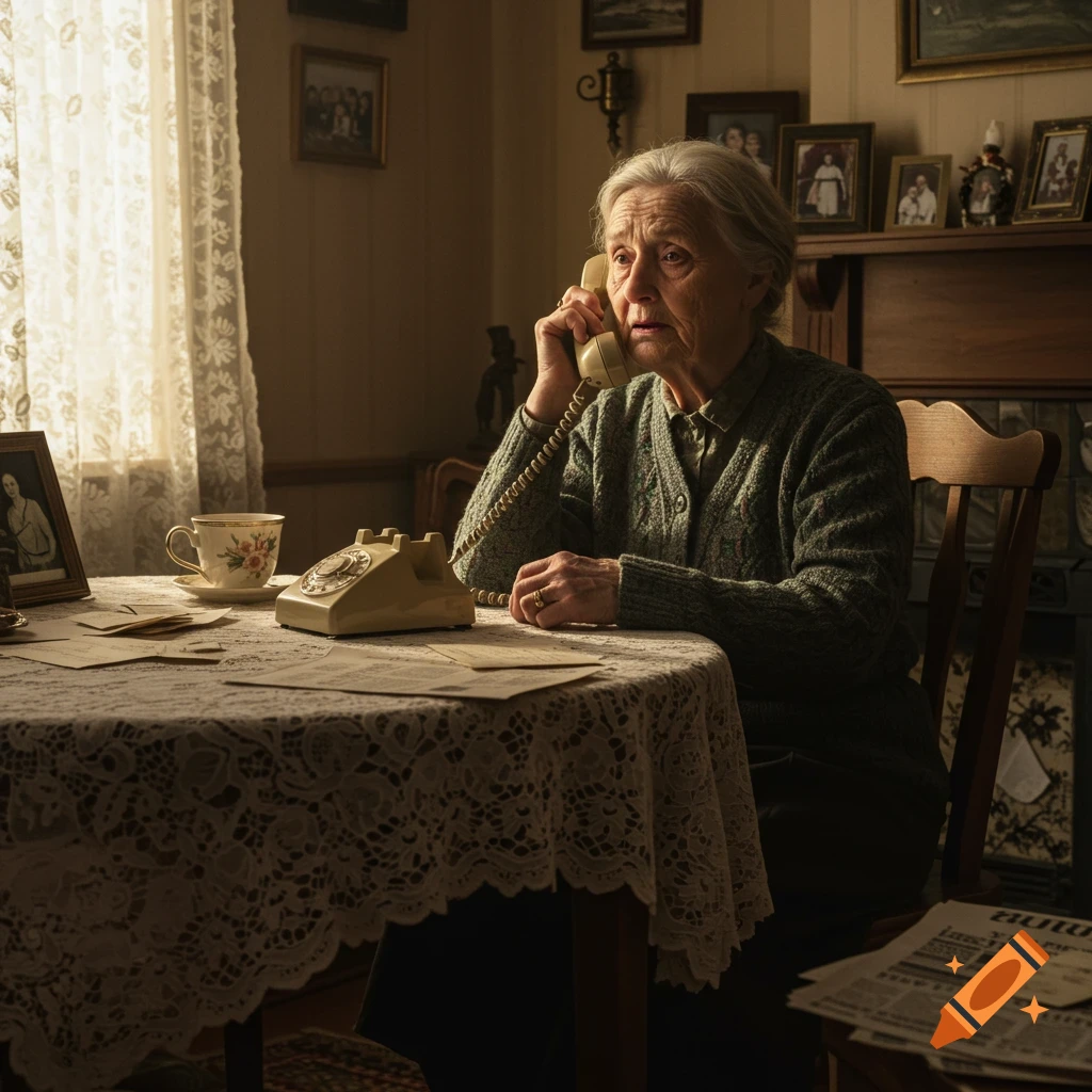 An elderly woman with grey hair in a green cardigan holds a vintage phone to her ear, looking distressed in a dimly lit, cozy room with family photos.