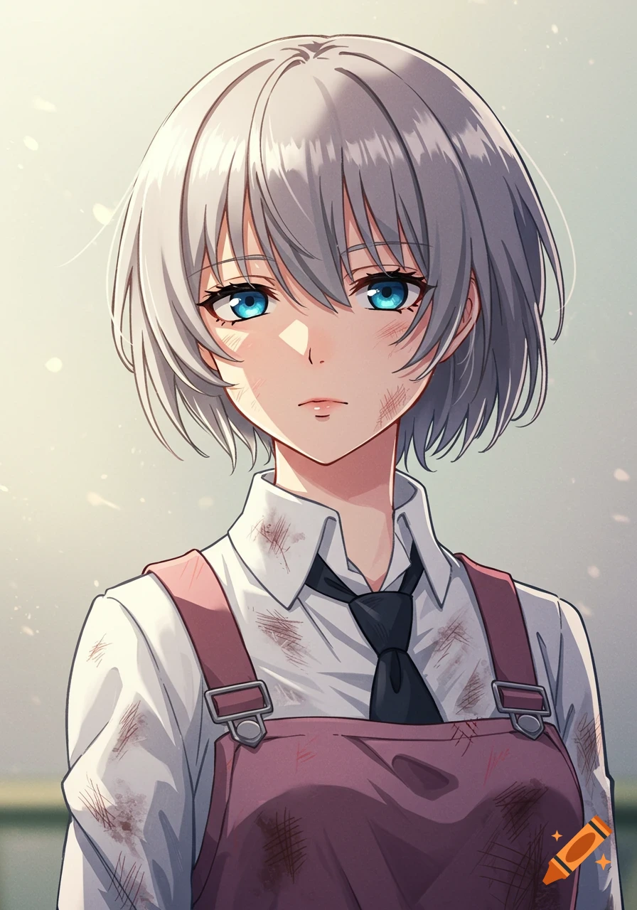 An anime girl with short grey hair and blue eyes, wearing a white shirt, black tie, and a dirty pink apron.