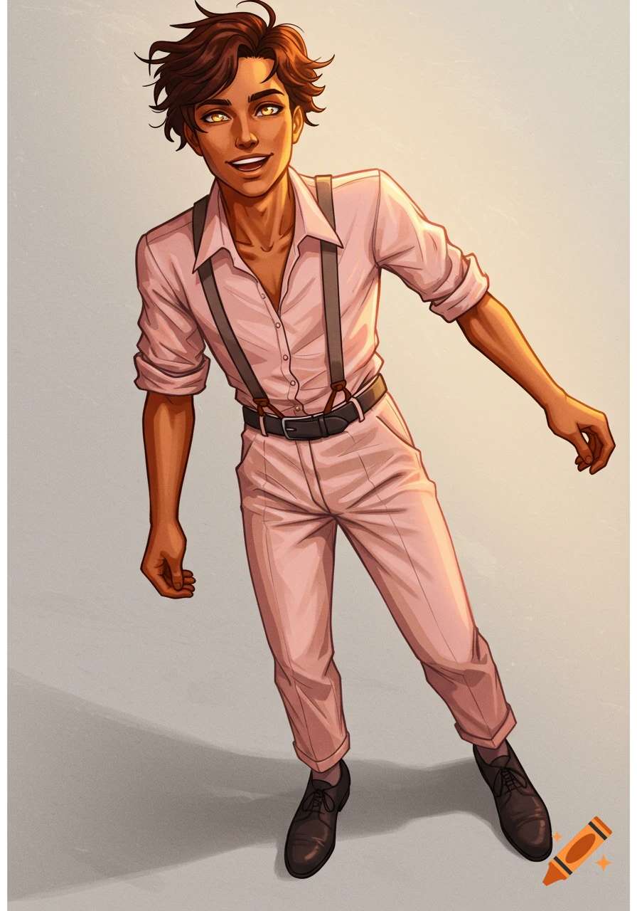 Smiling young man with dark hair and glowing golden eyes wears a pink shirt, suspenders, and pants, in a warm digital illustration.