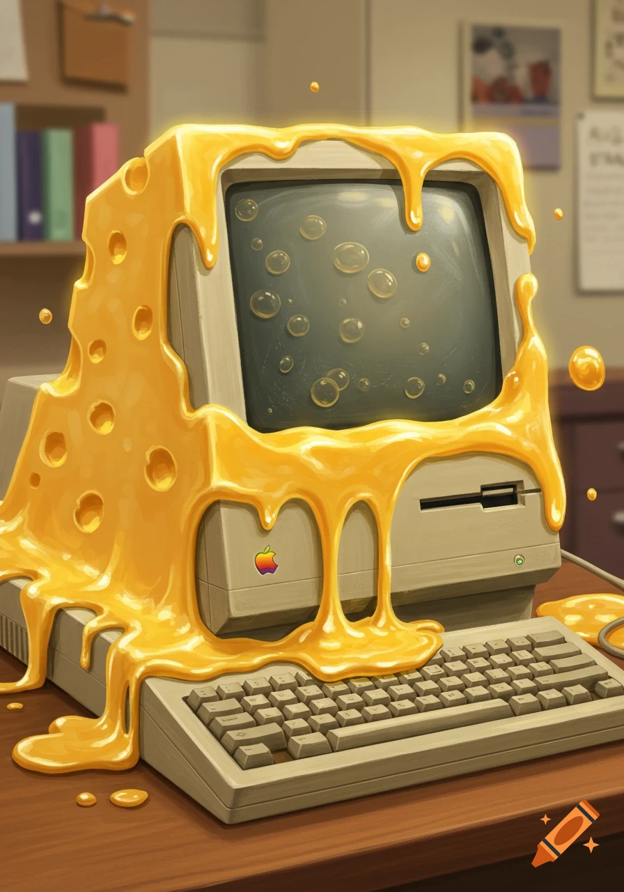 A vintage Macintosh computer covered in melted yellow cheese, dripping onto the keyboard. Bubbles appear on the screen.