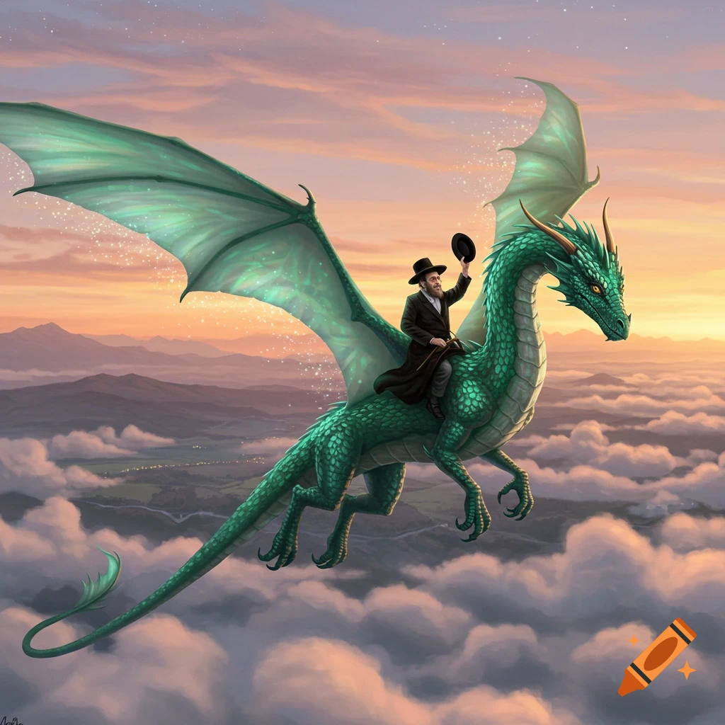 A Hasidic man in a black coat and hat waves while riding a green dragon through a cloudy sky at sunset, with mountains below. Detailed fantasy art.