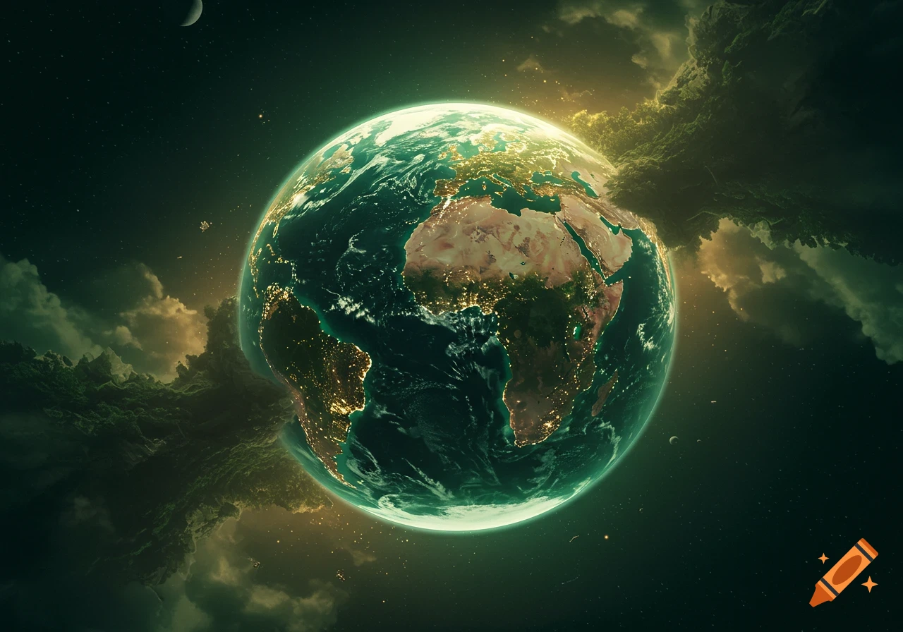 Cinematic concept art of a glowing Earth viewed from space, surrounded by dark, textured clouds and green ethereal light.