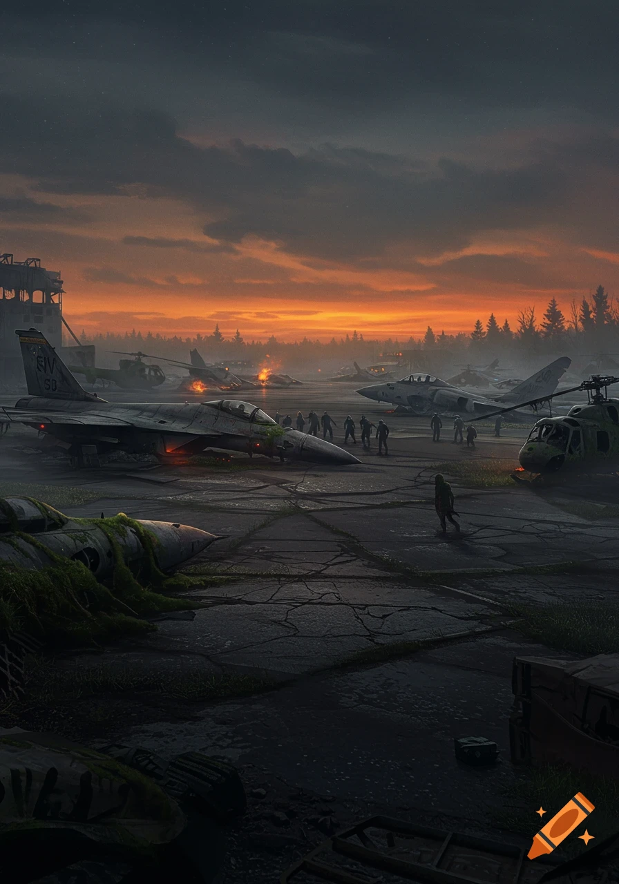 Dark post-apocalyptic military airfield at sunset with abandoned fighter jets, helicopters, and silhouetted figures on cracked tarmac.