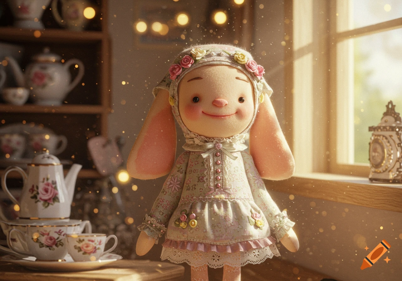 A cute Tilda-style rabbit doll with rosy cheeks and a floral dress, standing in a softly lit room with teacups.