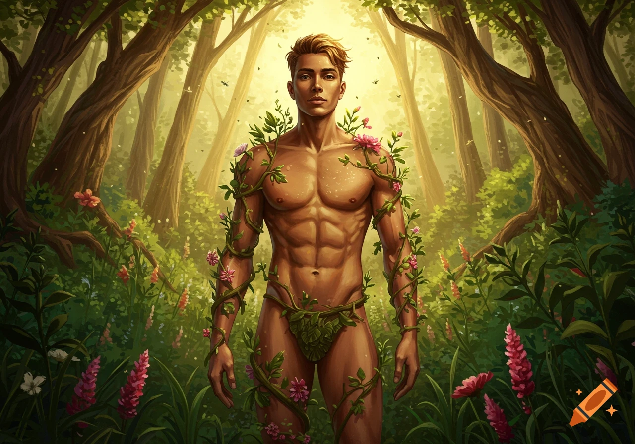 A muscular man covered in leaves and flowers stands in a vibrant, sunlit forest, depicting a god of nature.
