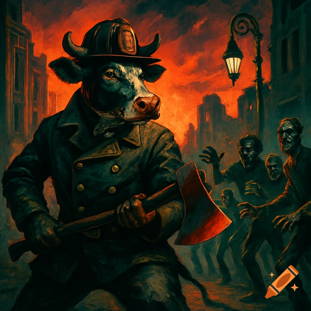 A cow in a fireman's uniform with an axe confronts a horde of zombies in a dark, fiery city street, painted in a grim, dramatic style.